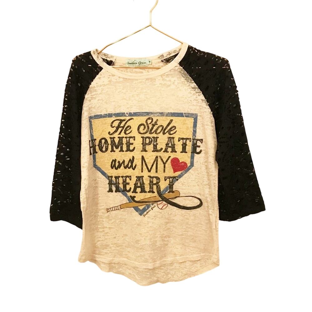 Southern Grace burn out lace sleeve baseball top size medium